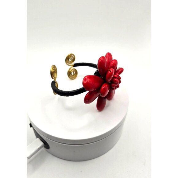 Amazing Red Leather Floral Bracelet Cuff with brass wrapped in black silk vintag - Picture 3 of 8